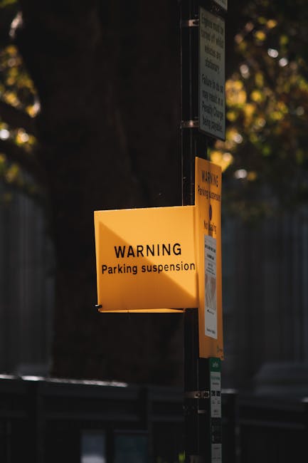 A circular no parking sign with a red border, blue background, and a red diagonal line across it, mounted on a grey metal pole positioned in front of a textured brick wall. The brick wall has a combin